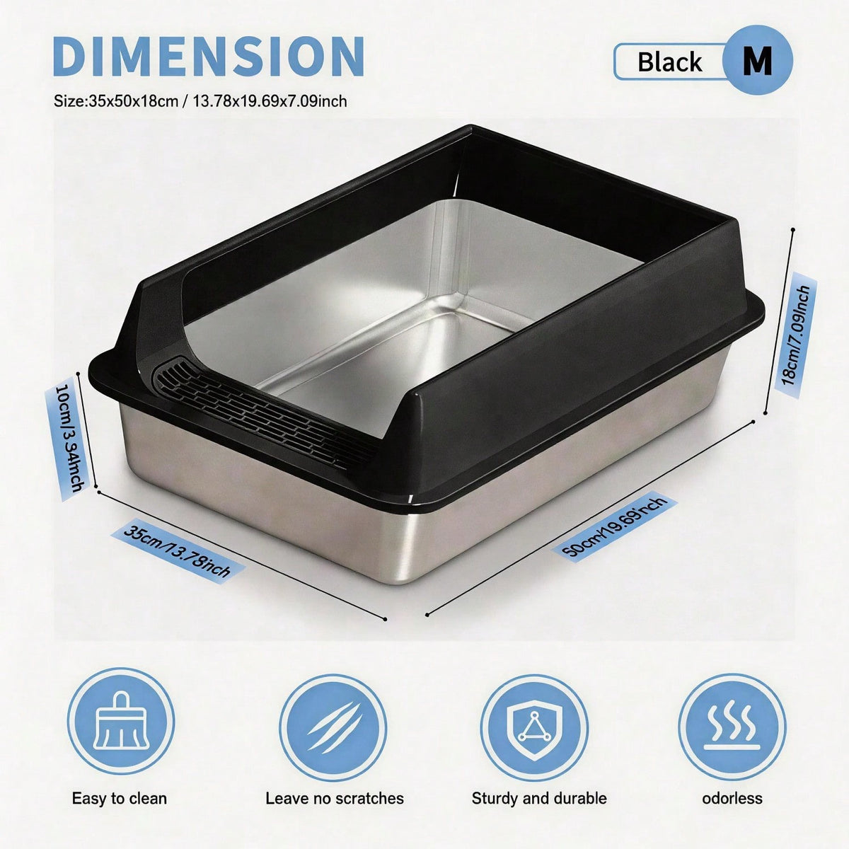 Stainless Steel Cat Litter Box, Open Top, High Sides