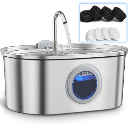 HydraFeline 3.2L stainless steel fountain with four felt filter pads and four foam pre-filter rings
