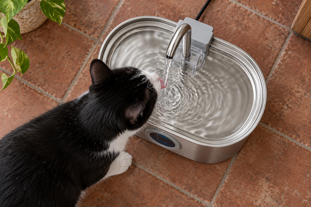 Cat drinking from the HydraFeline stainless steel fountain