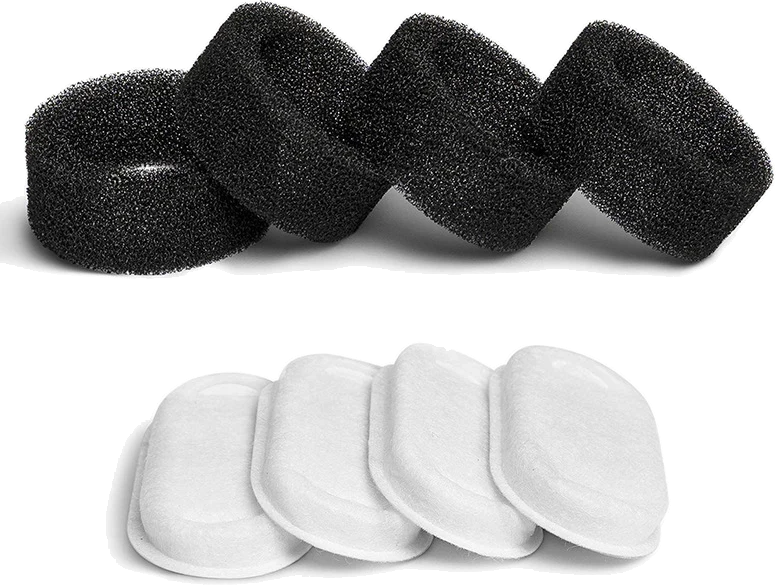 White filter pads and black foam pre-filter rings