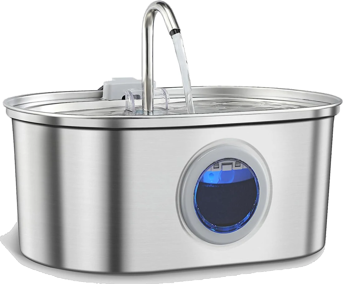 HydraFeline 3.2 L stainless steel cat water fountain with curved spout and round water-level window